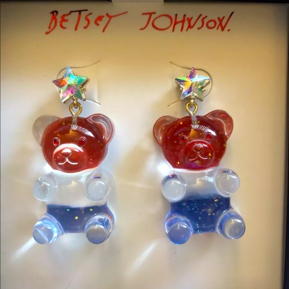 Betsey Johnson Acrylic Red, White & Blue Gummy Bear Drop Earrings NIB - Picture 1 of 9